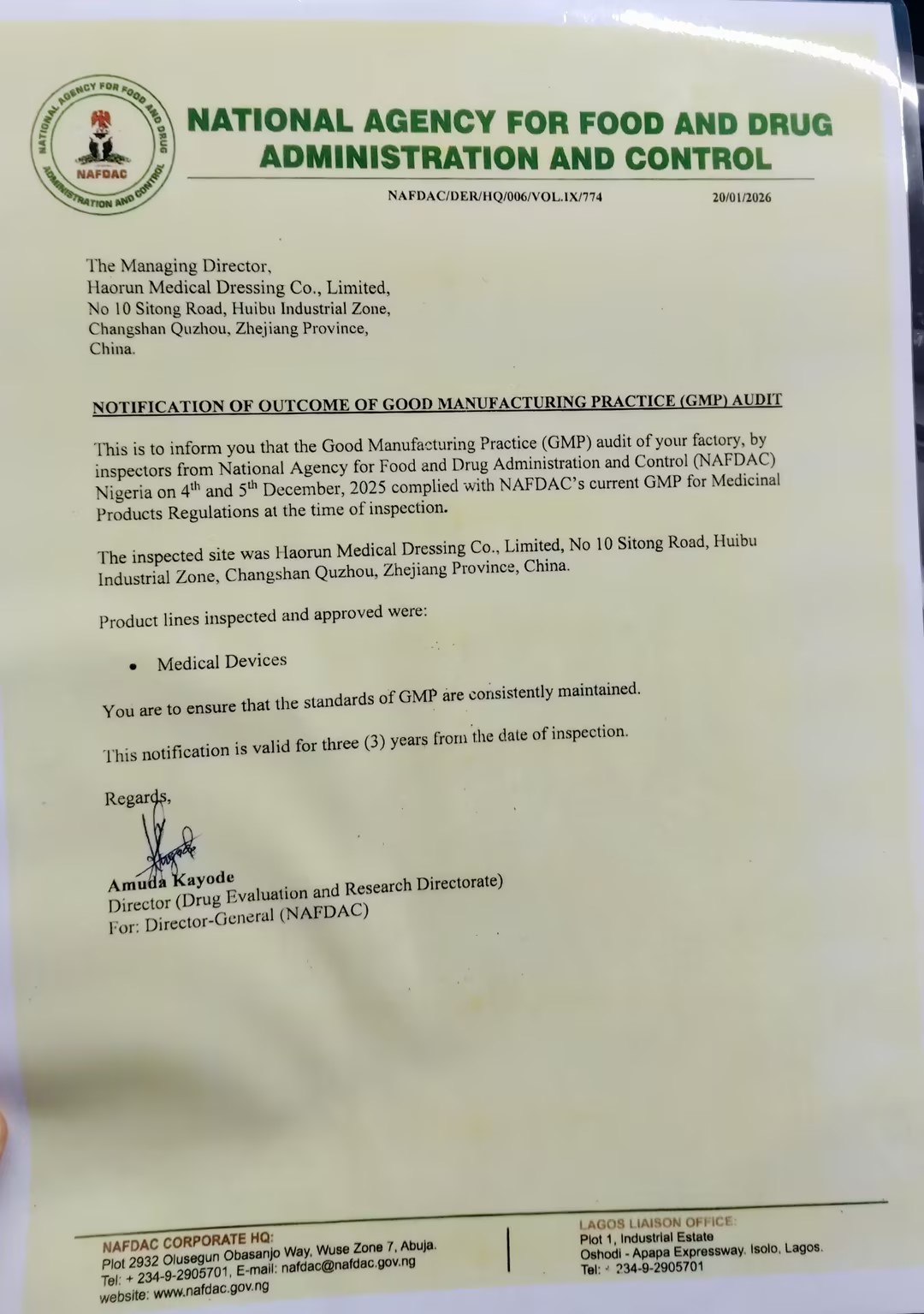 ஹாரூன் மருத்துவ தயாரிப்புகள் நைஜீரியாவில் அதிகாரப்பூர்வமாக NAFDAC பதிவு சான்றிதழைப் பெறுகின்றன